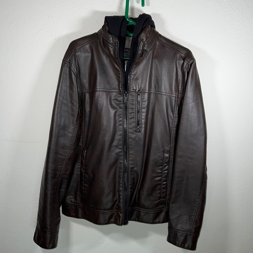 Calvin Klein, Brown, Medium, Pleather Jacket with Removable Hood